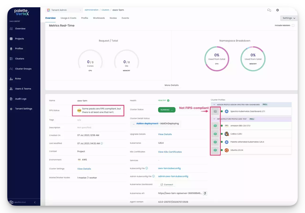 Diagram showing FIPS status icons on Cluster Overview page.